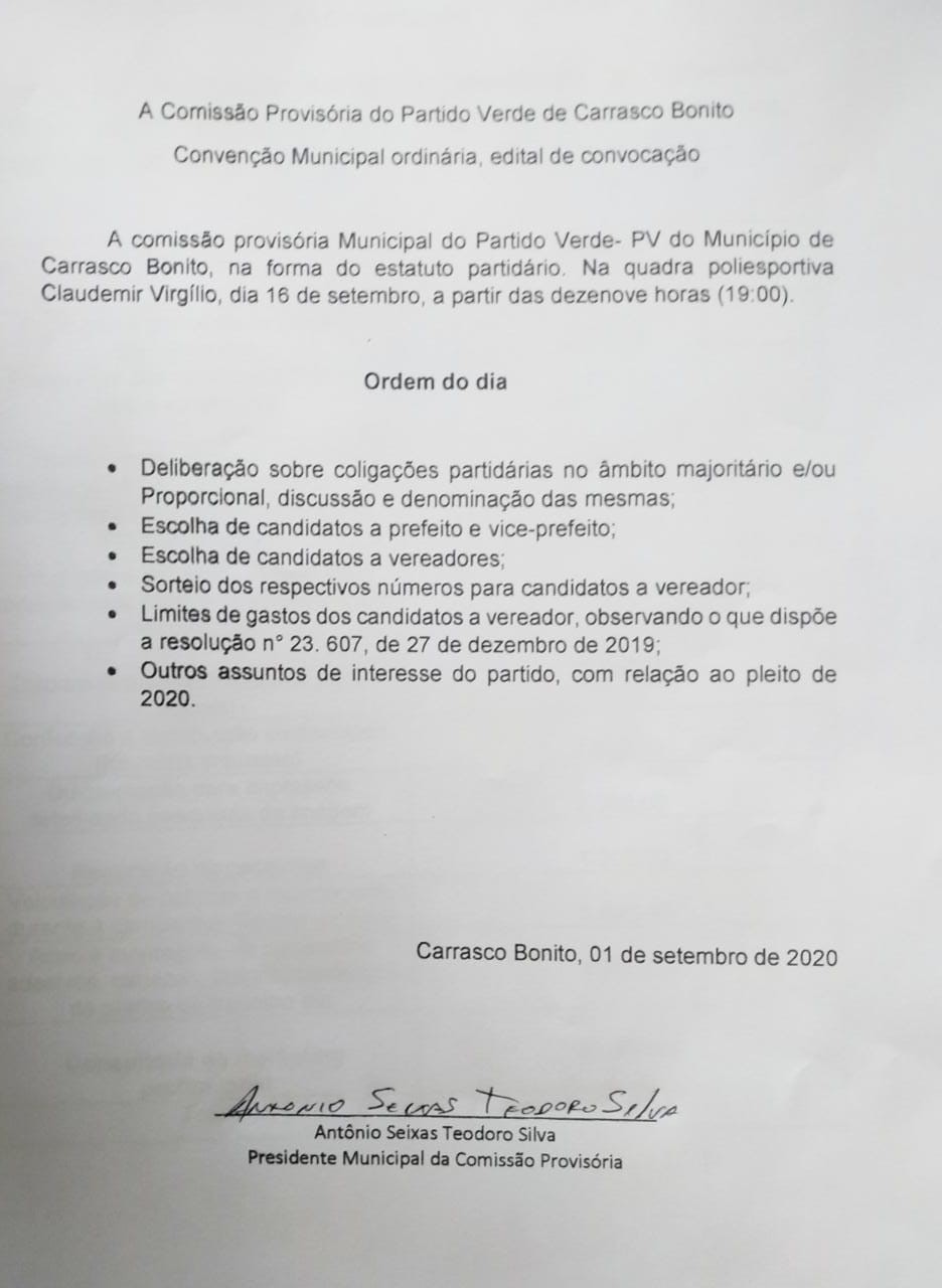 PV DE CARRASCO BONITO, MARCA CONVENÇÃO PARTIDÁRIA PARA O PRÓXIMO DIA 16
