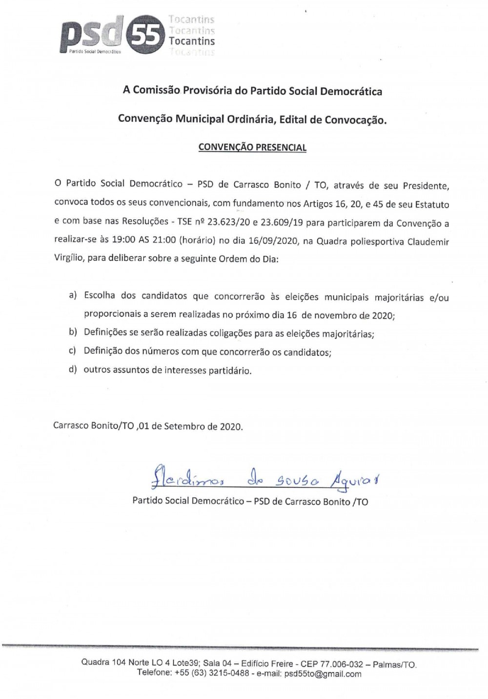 PSD de Carrasco Bonito – convoca pré-candidatos para a Convenção Municipal