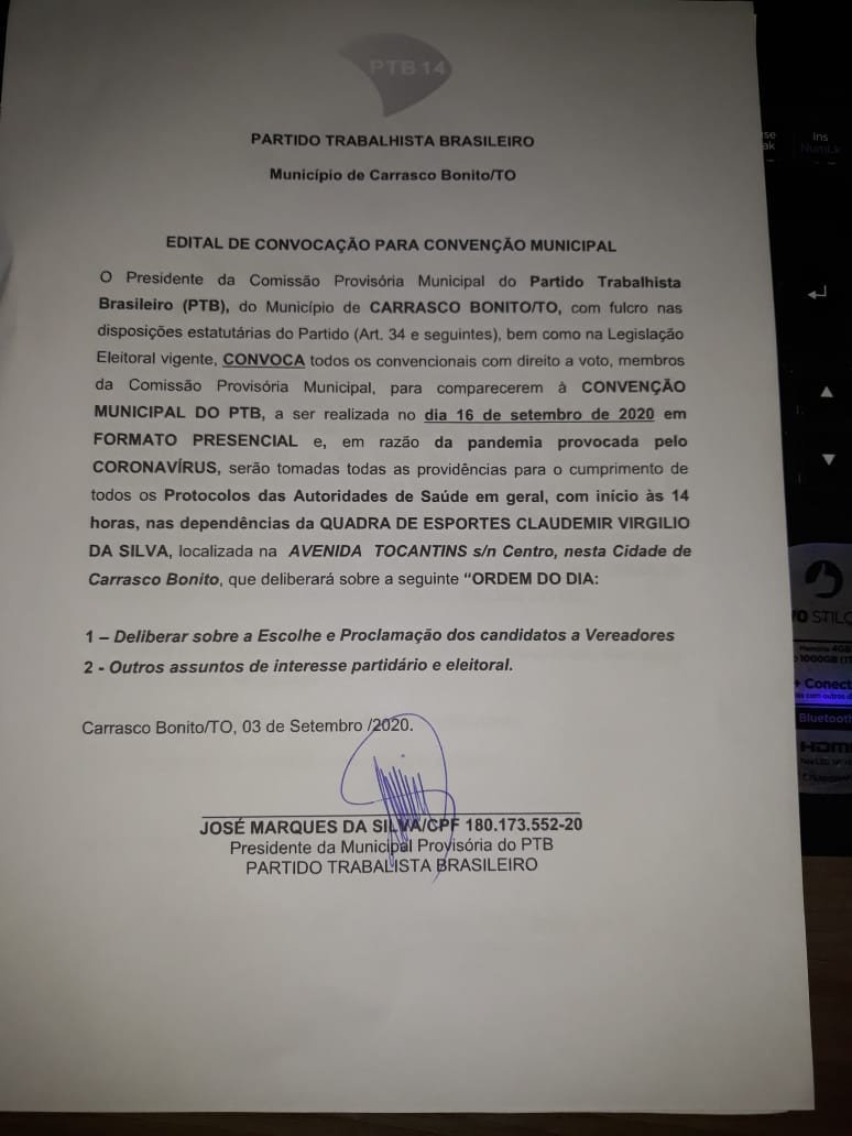 Carrasco Bonito- PTB convoca Pré- candidatos para convenção presencial