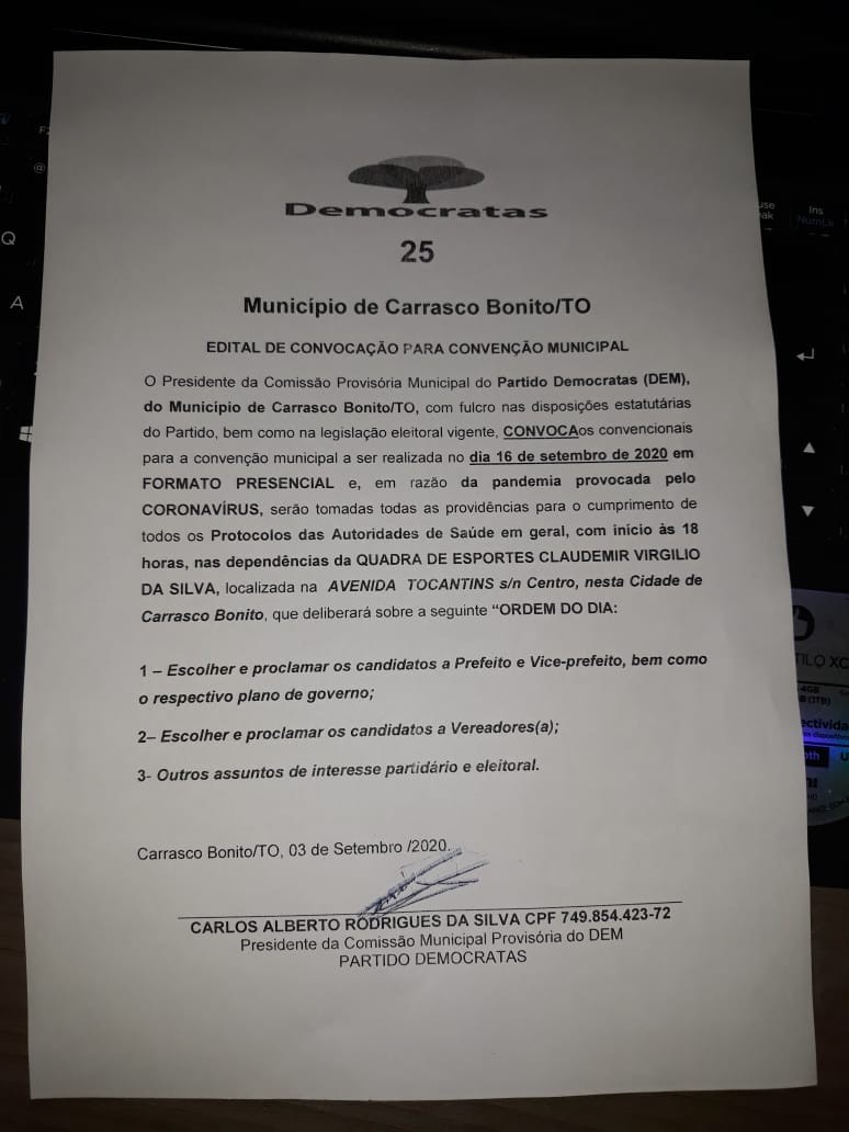 Carrasco Bonito- Democratas convoca Pré- candidatos para convenção presencial