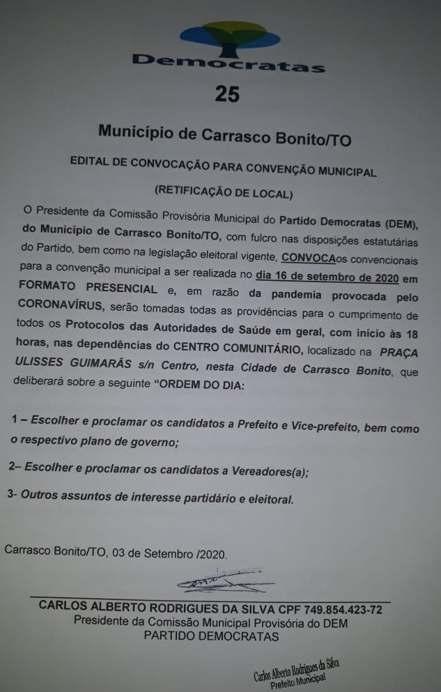 CARRASCO BONITO – PTB e Democratas ratificam localidade de convenções