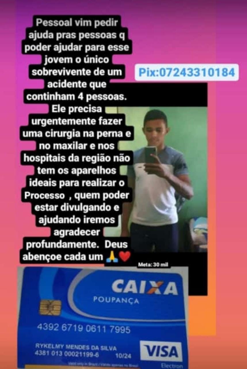 CARRASCO BONITO – AMIGOS DO JOVEM QUE SOBREVIVEU A ACIDENTE PEDEM AJUDA EM REDE SOCIAL PARA REALIZAÇÃO DE CIRURGIA