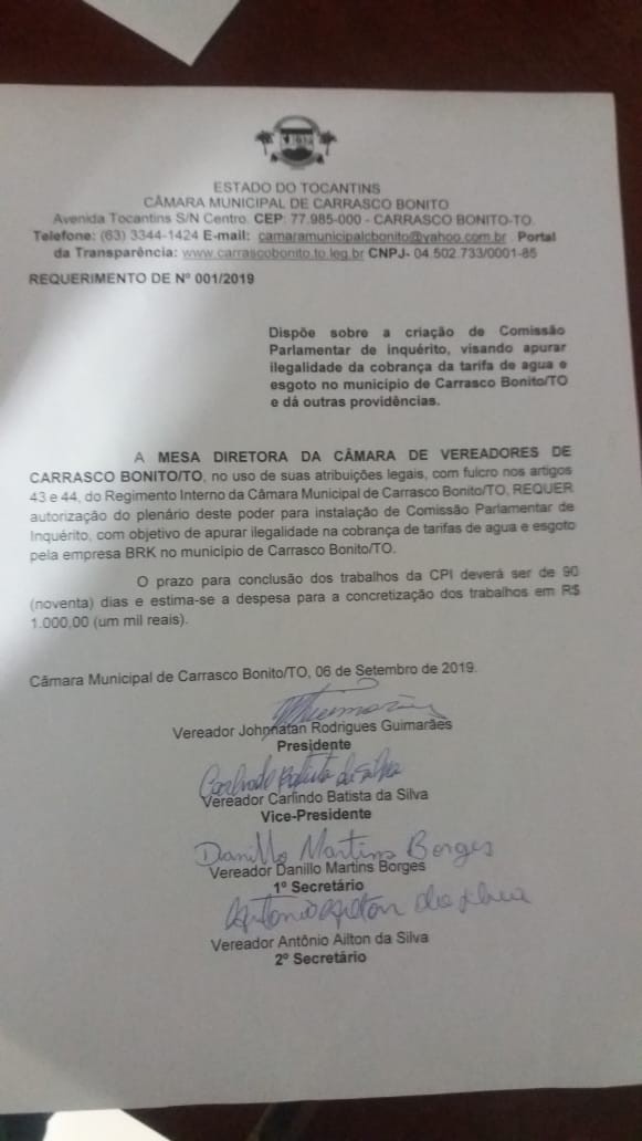 Em Carrasco Bonito, vereadores abrem CPI para investigar tarifas de água e esgoto cobrados pela empresa BRK