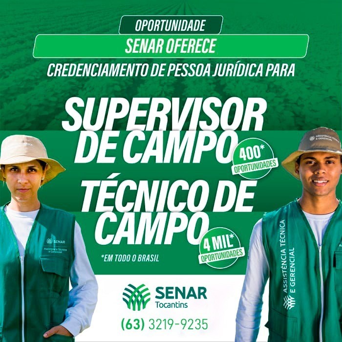 Senar abre credenciamento para supervisores e técnicos de campo de ATeG em todo país. No Tocantins, 47 vagas são ofertadas.
