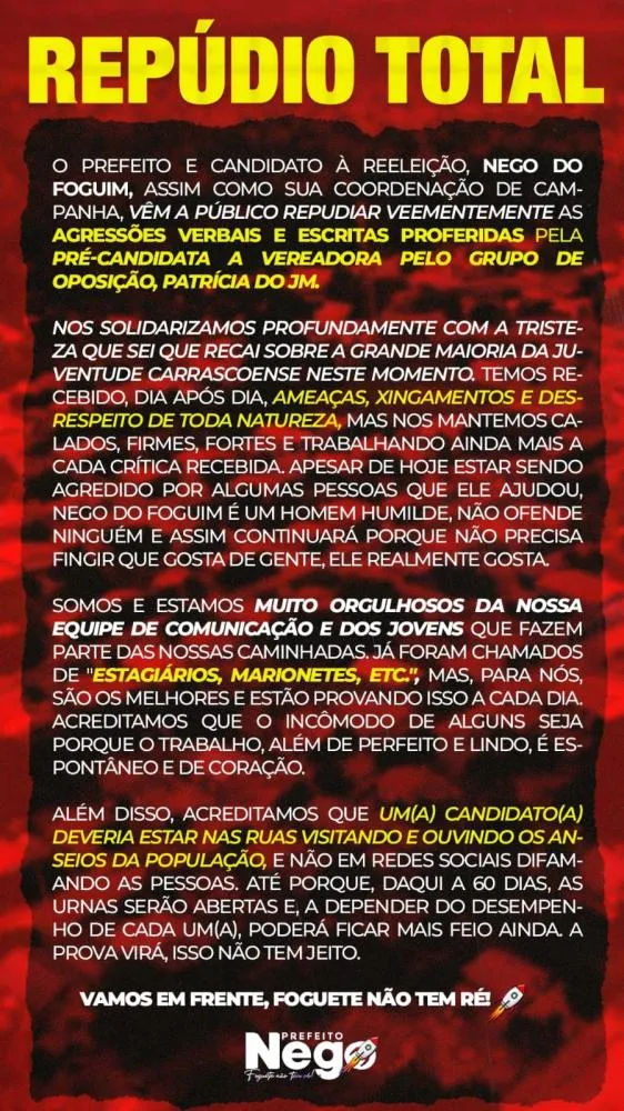 CARRASCO BONITO-EM NOTA, PREFEITO NEGO REPUDIA ATITUDES DE CANDIDATA DA OPOSIÇÃO EM REDES SOCIAIS 